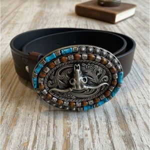 Western Style Black and Brown Belt with Turquoise Accents